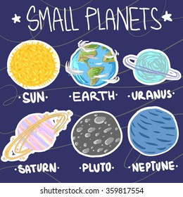 Collection of planet stickers form Sun to Neptune. Cartoon planet icons. Kid's elements for scrap-booking. Childish background. Hand drawn vector illustration.