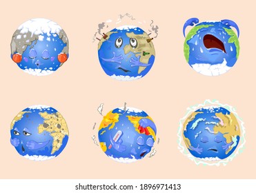 Collection of planet suffer from ecological, environmental and climate change. Vector glaciers melting, global warming, air pollution world problem idea isolated on beige background