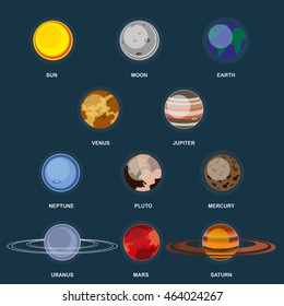 Collection of planets on dark background. Outer space with elements of the galaxy. Set planets of the solar system. 3d icons planet in flat cartoon style. Vector illustration
