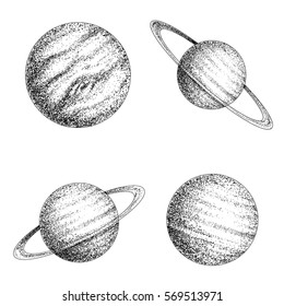 Collection of planets solar system. Dotwork.Engraving style