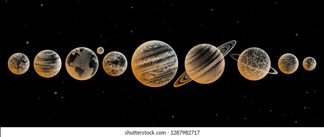 Collection of planets in solar system. Engraving style. Vintage elegant science set. Sacred geometry, magic, esoteric philosophies, tattoo, art. Isolated hand-drawn vector illustration