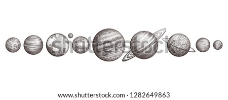 Collection of planets in solar system. Engraving style. Vintage elegant science set. Sacred geometry, magic, esoteric philosophies, tattoo, art. Isolated hand-drawn vector illustration.
