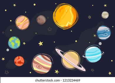 Collection of planets in solar system. Planets of the solar system, planetary system, vector illustration.