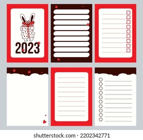 Collection planner 2023 with cute rabbit with gift and isolated pages, notes, organizer, list, sticker control and to do list. Vector illustration. year of rabbit to Chinese calendar.