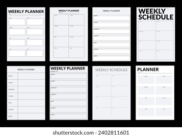 A collection of planner and diary pages in a minimalistic style. A modern business organizer with notes and goals. Planner page template. Weekly schedule page.
