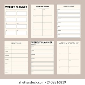 A collection of planner pages in a minimalistic style. A modern business organizer with notes and goals. Planner page template. Weekly schedule page.