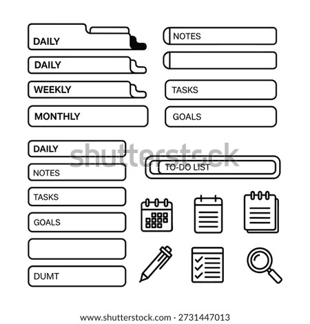 Collection of planner tabs labels and icons for organization on white background Keywords: planner tab daily weekly monthly notes tasks goals to-do list calendar notepad pen magnifying glass search