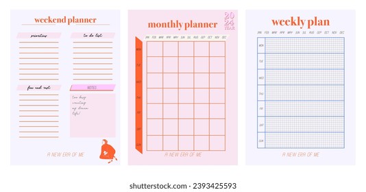 Collection of planners templates. Blank vertical notepad page. Business Organizer. Calendar daily, weekly, monthly, yearly, habit tracker, project, notes, goals. Editable vector illustration