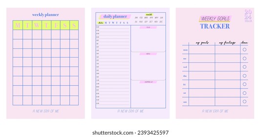 Colección de plantillas de planificadores. Página de bloc de notas vertical en blanco. Organizador de negocios. Calendario diario, semanal, mensual, anual, seguimiento de hábitos, proyecto, notas, objetivos. Ilustración vectorial editable