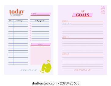 Collection of planners templates. Blank vertical notepad page. Business Organizer. Calendar daily, weekly, monthly, yearly, habit tracker, project, notes, goals. Editable vector illustration