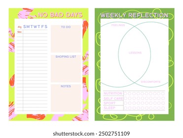 Collection of planners templates. Blank vertical notepad page. Business Organizer. Calendar daily, weekly, monthly, yearly, habit tracker, project, notes, goals. Editable vector illustration
