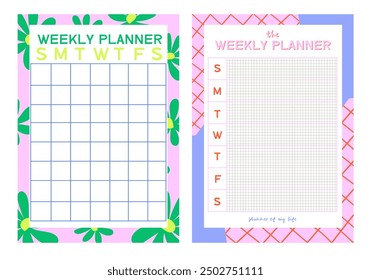 Colección de Plantillas de planificadores. Página de bloc de notas de Vertical en blanco. Organizador de negocios. Calendario diario, semanal, mensual, anual, seguimiento de hábitos, proyecto, notas, objetivos. Ilustración vectorial editable
