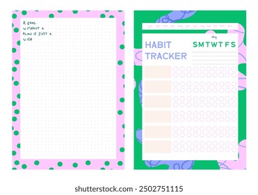 Collection of planners templates. Blank vertical notepad page. Business Organizer. Calendar daily, weekly, monthly, yearly, habit tracker, project, notes, goals. Editable vector illustration
