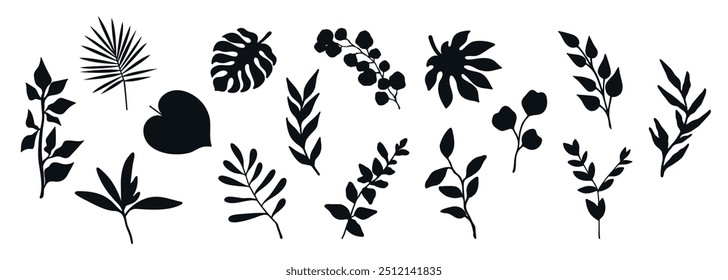 Collection of plant silhouettes. Branches, leaves and botanical elements isolated on white background. Vector illustration