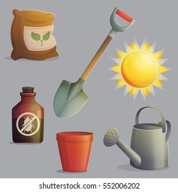 A collection of planting, gardening and agriculture equipment and accessories. Bright shining sun, spade for digging, anti-insect and fertilizer, flower pot. Game and app ui icons. svg