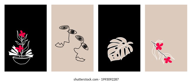 Collection with plants and abstract surreal faces drawn in continuous line. Minimalist illustrations in black, white, red colors. One line art. For fashion design, fabric print, T-shirt. Vector.