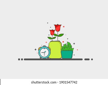 a collection of plants decorated with alarm clock on a gray background. can be used for wallpaper, background, and invitation cards. potted plants. house plants. plant illustration.