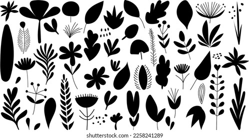 collection of plants, flowers, leaves set silhouette isolated, vector