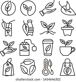 Collection plants icon. Sapling, leaf on hand, harvest. Naturale pacage and tag. Environmantal, water drop. Coffe and tea cups. Global problems. Vector sign.