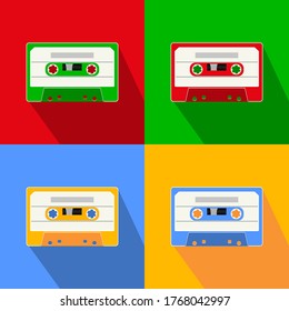Collection of plastic audio cassette tape. Different colorful music tapes. Old technology realistic retro design. Old vintage audio cassette with tangled tape on orange background. Vector illustration