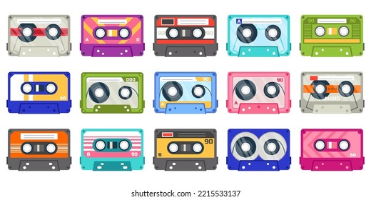 Colección de cintas de grabación de audio de plástico. Diferentes cintas de música colorida. Tecnología retro, diseño vintage aislado de fondo blanco. Ilustración vectorial plana