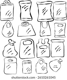 Collection of Plastic Bag icons in doodle style. Hand drawn trash icons, plastic bags, plastic packaging and more.