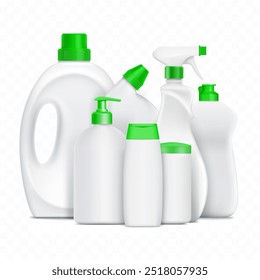 Collection of plastic bottles with detergent. Vector mockup isolated on transparent background. Stock illustration