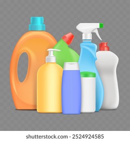 Collection of plastic bottles with detergent. Vector mockup isolated on transparent background. Stock illustration