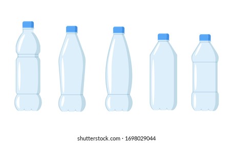 A collection of plastic bottles. Bottles of different sizes. Set plastic water bottles icon empty liquid container drink with screw cap for beverage drinking mineral water.