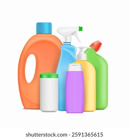 Collection of plastic colored bottles with detergent, soap, cleaning product. Vector mockup isolated on white background. Stock illustration