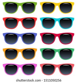 collection of plastic colored sunglasses, vector icons isolated on white background. Glamorous stylish accessory.