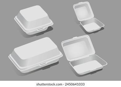 A collection of plastic containers for food mockups in realistic 3d design. Black and white image of square and rectangular plastic food storage containers on a gray background. Vector illustration.