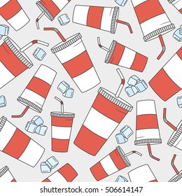 Collection of plastic cups hand drawn seamless pattern. Doodle colorful backdrop. Drink icons set vector. Soda and ice cubes. Decorative illustration, good for printing. Wallpaper design