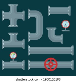 Collection of plastic pipes, gas valve, plumbing, faucet, sewerage. Set of pipe parts. Vector illustration in a flat style.