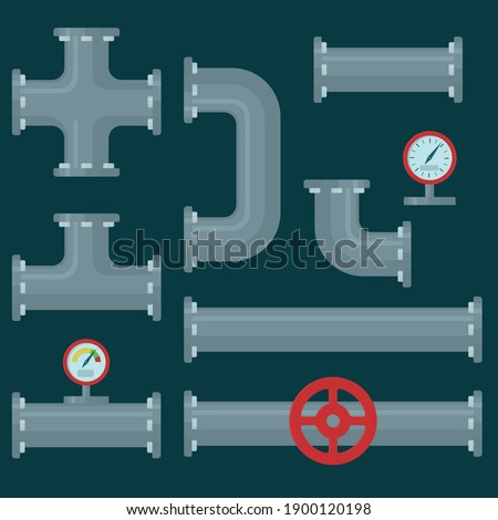 Collection of plastic pipes, gas valve, plumbing, faucet, sewerage. Set of pipe parts. Vector illustration in a flat style.