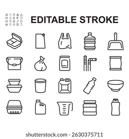 Collection of plastic product icons. Thin line style vectors. Contains icons such as lunch box, gallon, bucket and more.