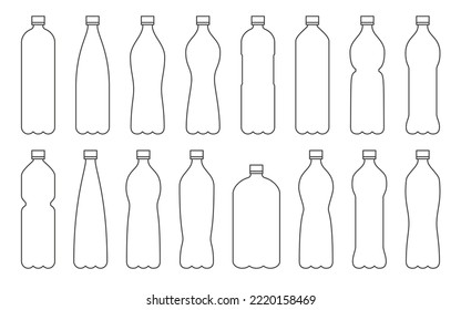 Collection of plastic water bottles of various shapes. Vector illustration isolated on white background