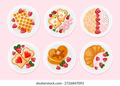 Colección de platos con desayuno aislado sobre fondo rosa. Conjunto de cuencos con comida. Gofres belgas con fresa, huevos fritos con tocino y tomates, avena con 
yogur, tortitas, tostadas y cruasán. Ilustración vectorial