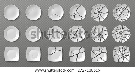 Collection of plates in different stages of cracking. White plates with varying degrees of fractures displayed on a transparent background. Useful for design projects and visual effects.