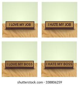 Collection of plates on the wooden surface with different phrases