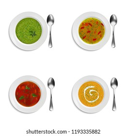 Collection of plates with soup and cream soup. With greenery and decorations. Isolated objects on white background. Realistic style. Vector illustration.