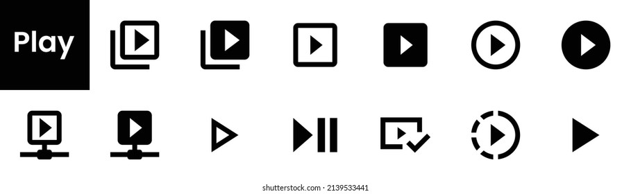 Collection of Play icons. Black flat icon set isolated on white Background