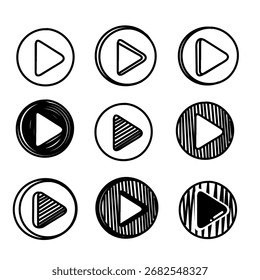 coleção de símbolo ícone do botão do jogador com desenho à mão doodle style vetor