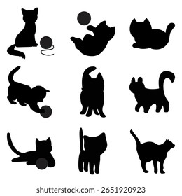 A collection of playful black cat's silhouettes in various poses, ideal for pet-themed designs.
