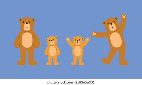 collection of playful brown bear and little cub standing, tilted head, confuse, raising hand, opened arms illustration