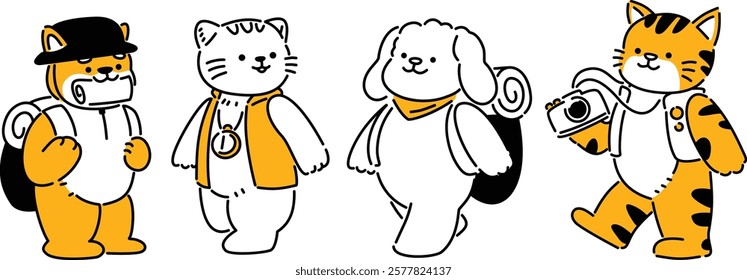 A collection of playful cartoon animal illustrations showcasing pets in adventure uniforms, featuring dogs and cats dressed as explorers, hikers, and travelers.