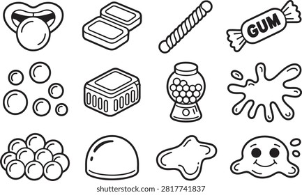 Collection of playful cartoon candy and snack icons isolated on transparent background