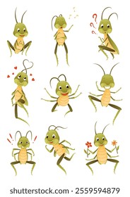 A Collection of Playful Cartoon Grasshopper Characters in a Variety of Dynamic Poses