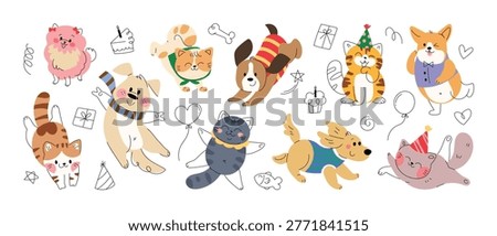 Collection of playful cat and dog with smiling, running and jumping. Flat doodle cartoon vector illustration.
