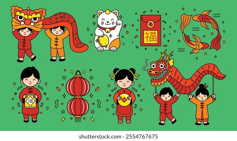 A collection of playful Chinese New Year icons featuring lion dances, lucky cats, koi fish, red envelopes, and traditional elements, ideal for festive designs and decorations.